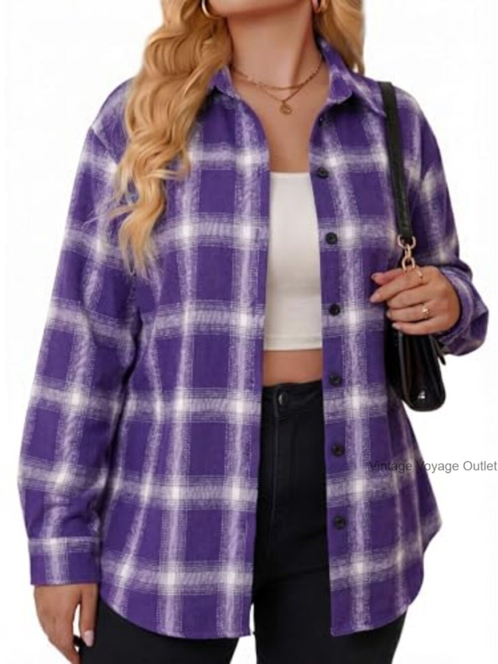 Plus Size Plaid Button Down Shirt Long Sleeve Loose Fit Shacket Collared Top